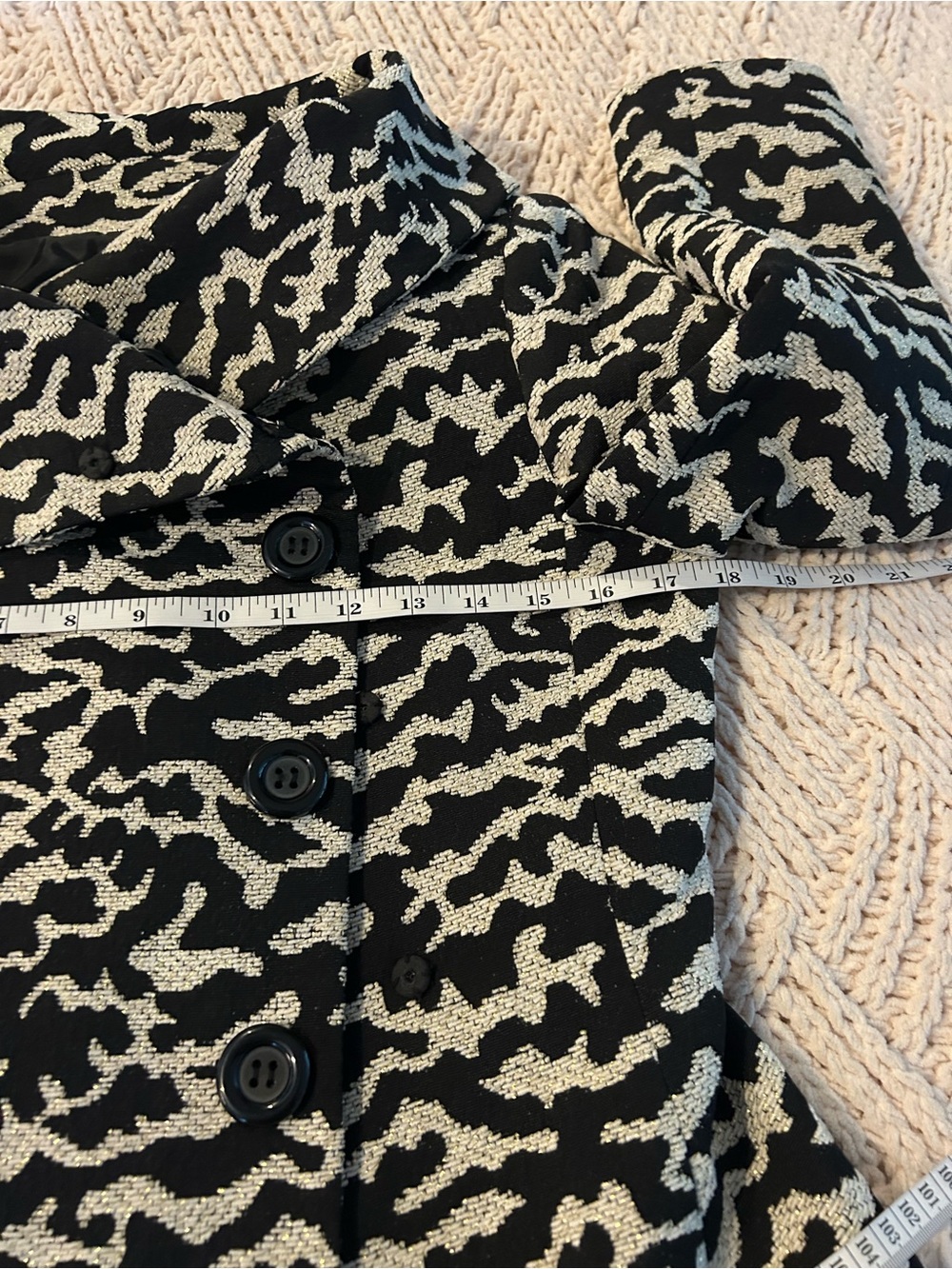 Women's Patterned Asymmetrical Button Jacket - Black & Cream - Picture 6 of 8